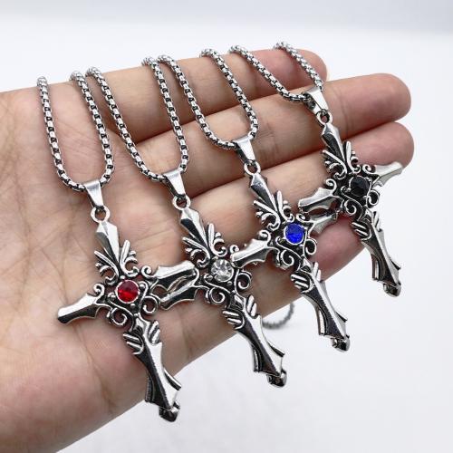 Collier en alliage de zinc Pull, croix, Placage de couleur d'or, bijoux de mode & avec strass, plus de couleurs à choisir, Vendu par PC