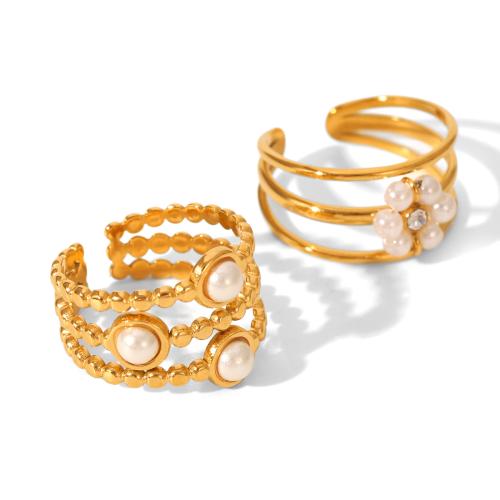 Stainless Steel Finger Ring, 304 Stainless Steel, with Plastic Pearl, plated, three layers & different styles for choice & for woman, golden, Sold By PC