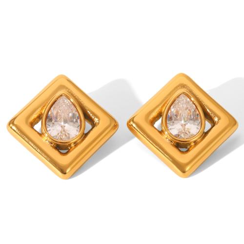 Stainless Steel Stud Earrings, 304 Stainless Steel, 18K gold plated, micro pave cubic zirconia & for woman & hollow, Sold By Pair