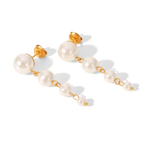 Boucle d'oreille goutte inox, Acier inoxydable 304, avec perle de plastique, Plaqué or 18K, bijoux de mode & styles différents pour le choix & pour femme, Vendu par paire