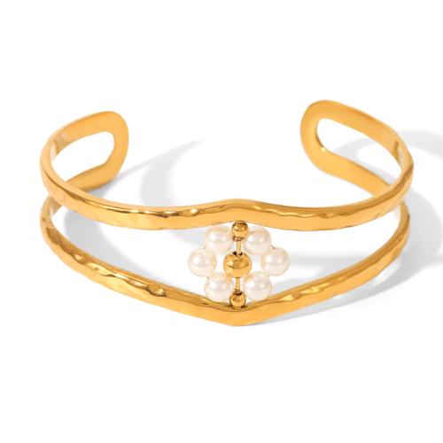 Stainless Steel Bangle, 304 Stainless Steel, with Plastic Pearl, plated, fashion jewelry & for woman & hollow, golden, Sold By PC
