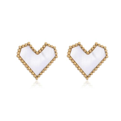 Boucles d'oreilles coquillage, Acier inoxydable 304, avec coquille, coeur, Plaqué or 18K, bijoux de mode & pour femme, doré, Vendu par paire