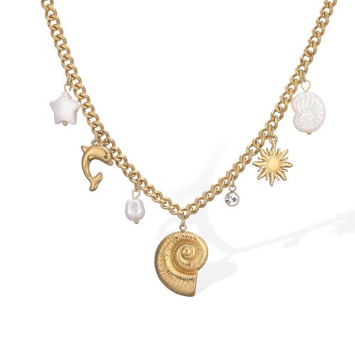 Stainless Steel Jewelry Necklace, 304 Stainless Steel, with Cubic Zirconia & Shell & Plastic Pearl, plated, different styles for choice & for woman, golden, Sold By PC