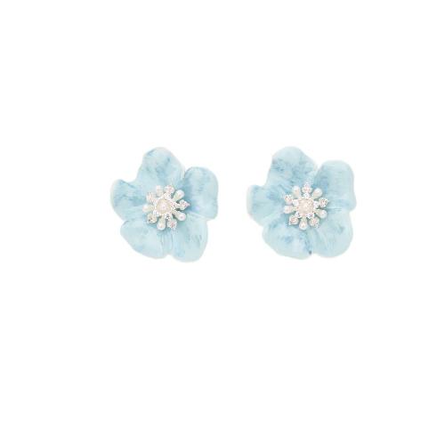 Cubic Zirconia Micro Pave Brass Earring, with Plastic Pearl, Flower, plated, micro pave cubic zirconia & for woman & enamel, blue, Sold By Pair