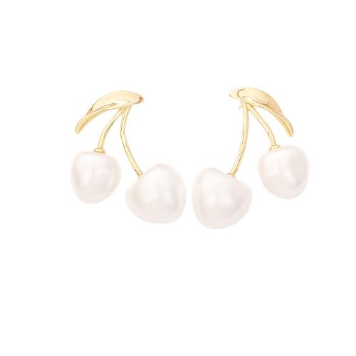Brass Stud Earring, with Plastic Pearl, Cherry, real gold plated, fashion jewelry & for woman, Sold By Pair