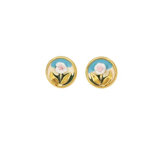 Brass Stud Earring, Round, real gold plated, fashion jewelry & for woman & enamel, Sold By Pair