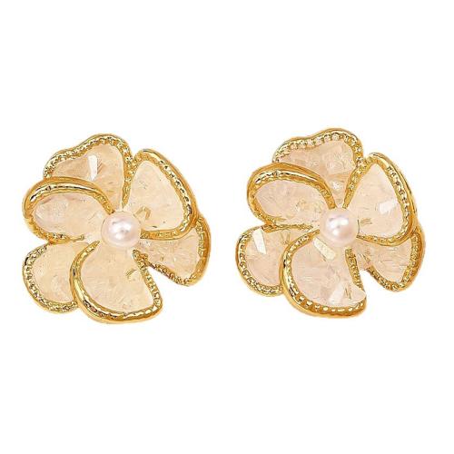Boucles d'oreilles coquillage, laiton, avec coquille d'eau douce & perle de plastique, fleur, Plaqué d'or, bijoux de mode & pour femme, Vendu par paire