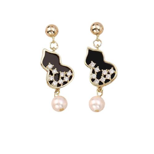 Cubic Zirconia Micro Pave Brass Earring, with Plastic Pearl, Calabash, real gold plated, micro pave cubic zirconia & for woman & enamel, more colors for choice, Sold By Pair