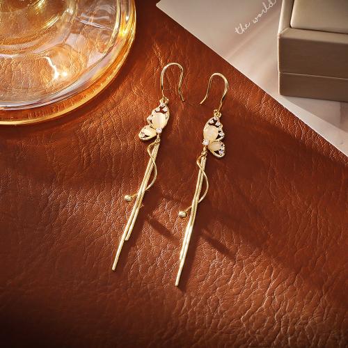 Cubic Zirconia Micro Pave Brass Earring, with Cats Eye, real gold plated, fashion jewelry & micro pave cubic zirconia & for woman, Sold By Pair