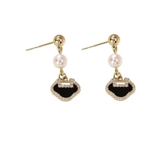 Cubic Zirconia Micro Pave Brass Earring, with Plastic Pearl, real gold plated, micro pave cubic zirconia & for woman & enamel, Sold By Pair