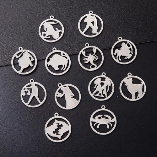 Stainless Steel Constellation Pendant, 304 Stainless Steel, 12 Signs of the Zodiac, silver color plated, DIY, silver color, 20mm, 10PCs/Bag, Sold By Bag