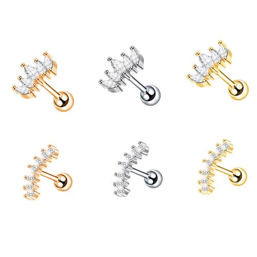 304 Stainless Steel Piercing Earring, plated, Unisex & different styles for choice & micro pave cubic zirconia, earring rod length 8mm, Sold By PC