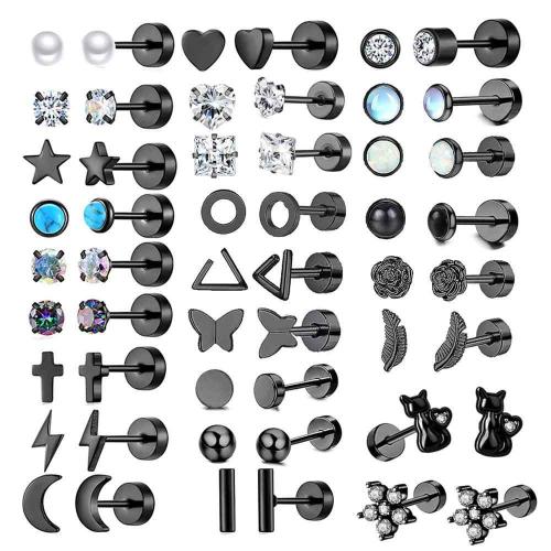 304 Stainless Steel Piercing Earring, with Brass, plated, Unisex & different styles for choice & micro pave cubic zirconia, black, earring rod length 6mm, Sold By Pair