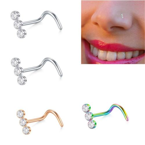 316 Stainless Steel Nose Piercing Jewelry, plated, Unisex & with rhinestone, more colors for choice, Sold By PC