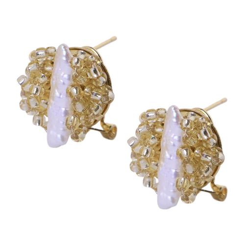 Freshwater Pearl Earrings, Lampwork, with Freshwater Pearl & Brass, gold color plated, fashion jewelry, mixed colors, 16x14mm, Sold By Pair