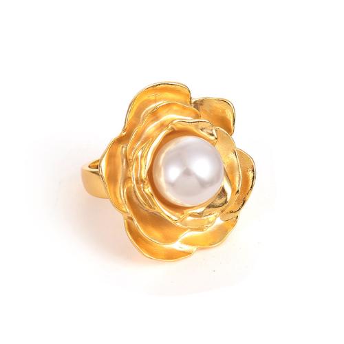 Brass Finger Ring, with Plastic Pearl, Flower, plated, different materials for choice & different styles for choice & for woman, golden, Sold By PC