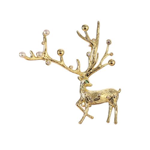 Christmas Brooches, Brass, with Plastic Pearl, Deer, plated, Christmas Design & Unisex & micro pave cubic zirconia, Sold By PC