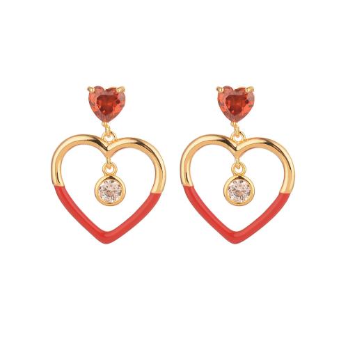 Cubic Zirconia Micro Pave Brass Earring, Heart, plated, micro pave cubic zirconia & for woman & enamel, Sold By Pair