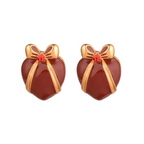 Cubic Zirconia Micro Pave Brass Earring, Heart, plated, micro pave cubic zirconia & for woman & enamel, golden, Sold By Pair