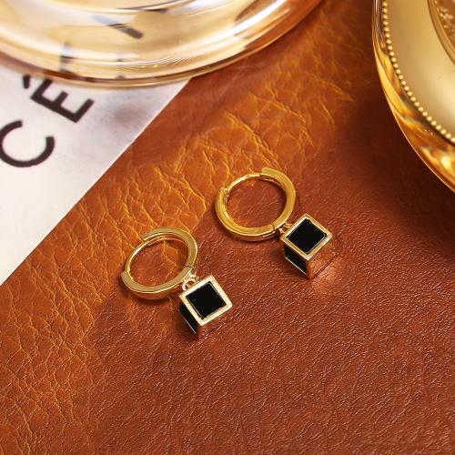 Латунь серьги падения, Квадратная форма, плакированный настоящим золотом, ювелирные изделия моды & Женский & эмаль, черный, продается Пара