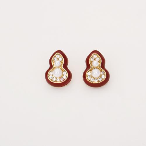 Cubic Zirconia Micro Pave Brass Earring, with Plastic Pearl, Calabash, real gold plated, micro pave cubic zirconia & for woman & enamel, Sold By Pair