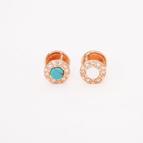 Cubic Zirconia Micro Pave Brass Earring, with Turquoise & Shell, real gold plated, different materials for choice & micro pave cubic zirconia & for woman, Sold By Pair