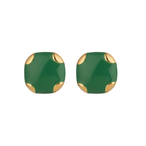 Brass Stud Earring, Tibetan Style, Square, 14K gold plated, Christmas Design & for woman & enamel, Sold By Pair