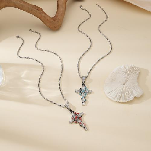 Collier en alliage de zinc Pull, croix, Placage de couleur d'or, bijoux de mode & pavé de micro zircon, plus de couleurs à choisir, Vendu par PC