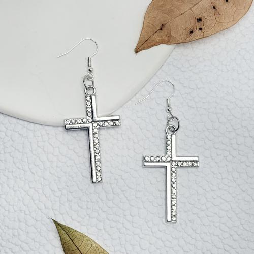 Tibetan Style Drop Earrings, Cross, gold color plated, fashion jewelry & with rhinestone, silver color, Sold By Pair
