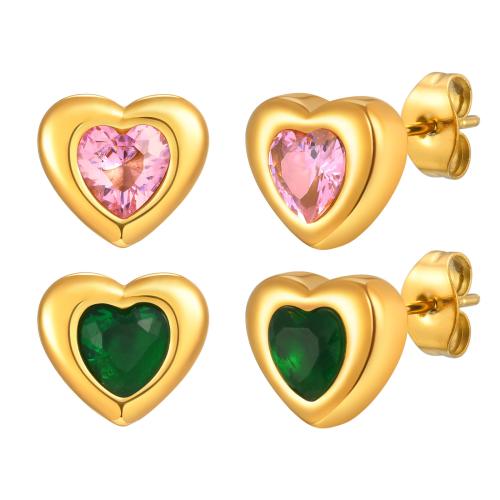 Stainless Steel Stud Earrings, 304 Stainless Steel, with Cubic Zirconia, Heart, 18K gold plated, fashion jewelry & for woman, Sold By Pair