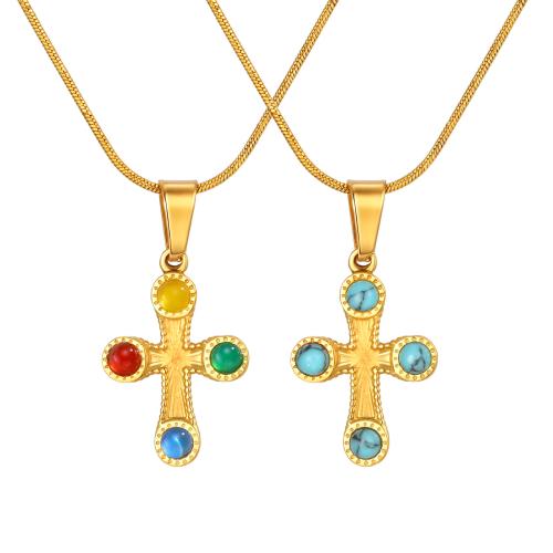 Collier de bijoux en acier inoxydable, Acier inoxydable 304, avec turquoise naturelle, croix, bijoux de mode & différents matériaux pour le choix & pour femme, doré, Vendu par PC