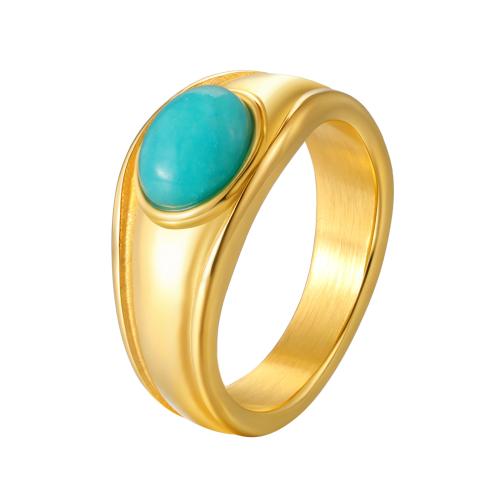 Stainless Steel Finger Ring, 304 Stainless Steel, with Amazonite, plated, fashion jewelry & different size for choice & for woman, golden, Sold By PC