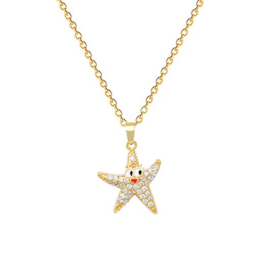 Titanium Steel Necklace, with Brass, Starfish, micro pave cubic zirconia & for woman & enamel, golden, Sold By PC