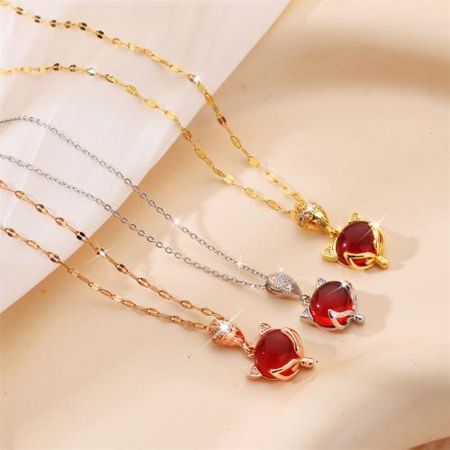 Titanium Steel Necklace, with Cats Eye, Fox, plated, fashion jewelry & for woman & with rhinestone, more colors for choice, Sold By PC