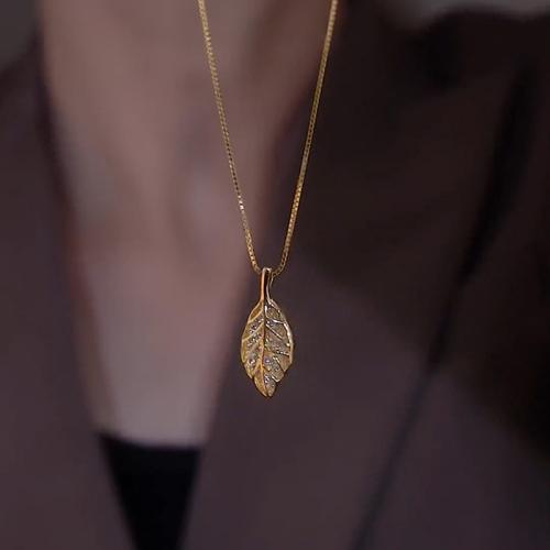 Titanstahl Halskette, Blatt, goldfarben plattiert, für Frau & mit Strass, Länge:ca. 16 ZollInch, verkauft von PC