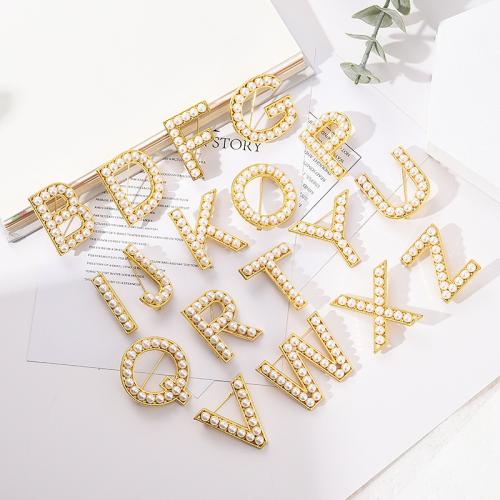 Tibetan Style Brooch, with Plastic Pearl, Alphabet Letter, gold color plated, different styles for choice & for woman, brooch length 25-40mm, Sold By PC