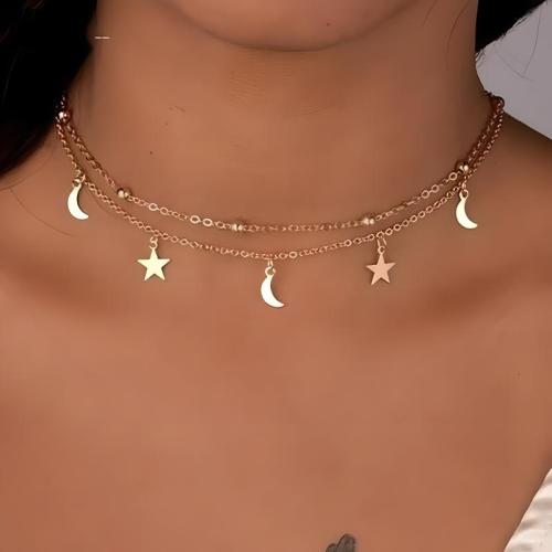 Tibetan Style Necklace, Moon and Star, gold color plated, Double Layer & for woman, Length:Approx 15 Inch, Approx 15.7 Inch, Sold By PC