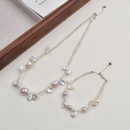 Комплекты украшений с жемчугом, браслет & ожерелье, Серебро 925 пробы, с Пресноводные жемчуги, Барокко, ювелирные изделия моды, белый, 4-5mm, длина:50 см, продается указан