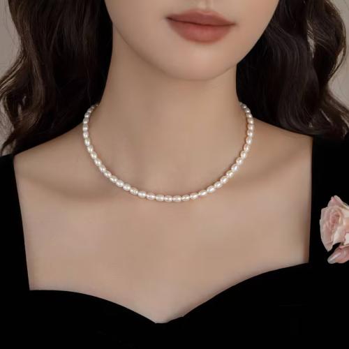 Freshwater Pearl Brass Necklace, with Brass, Rice, plated, fashion jewelry, more colors for choice, nickel, lead & cadmium free, 4-5mm, Length:38 cm, Sold By PC