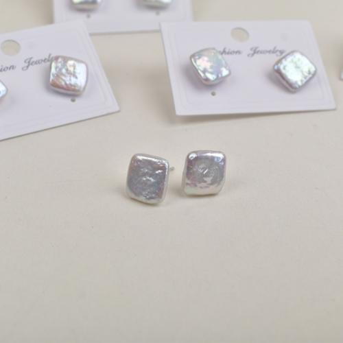 Freshwater Pearl Earrings, Square, fashion jewelry, more colors for choice, 11-12mm, Sold By Pair
