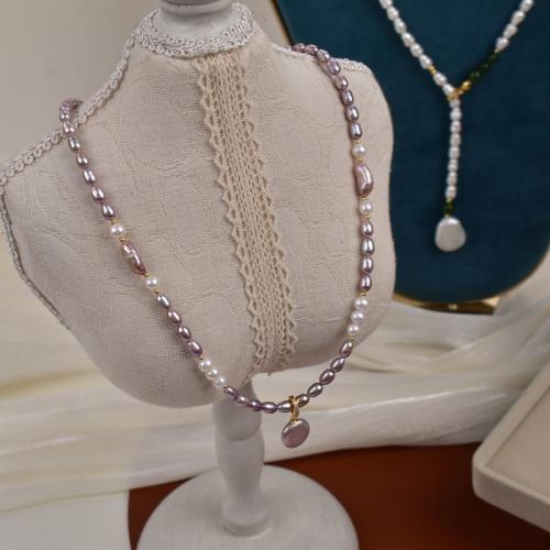 Collar de cadena del suéter de la perla de agua dulce, Perlas cultivadas de agua dulce, con Ojo de gato, Arroz, Joyería, Púrpura, 4-6mm, longitud:46 cm, Vendido por UD