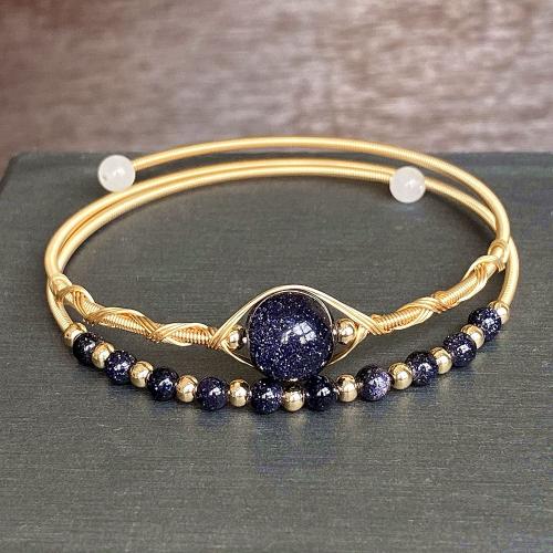Natural Blue Goldstone Bracelets, Brass, with Blue Sandstone, 14K gold-filled, Double Layer & fashion jewelry & for woman, Inner diameter :55mm, Sold By PC
