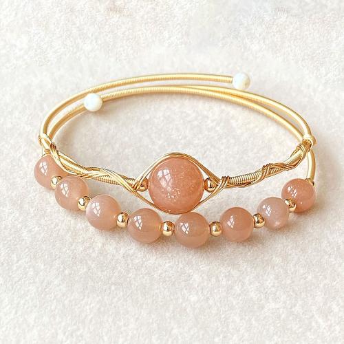 Gemstone Bracelets, Brass, with Moonstone, 14K gold-filled, Double Layer & fashion jewelry & for woman, Inner diameter :55mm, Sold By PC