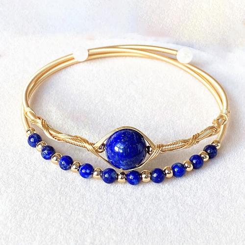 Natural Lapis Lazuli Bracelets, Brass, with Lapis Lazuli, 14K gold-filled, Double Layer & fashion jewelry & for woman, Inner diameter :55mm, Sold By PC