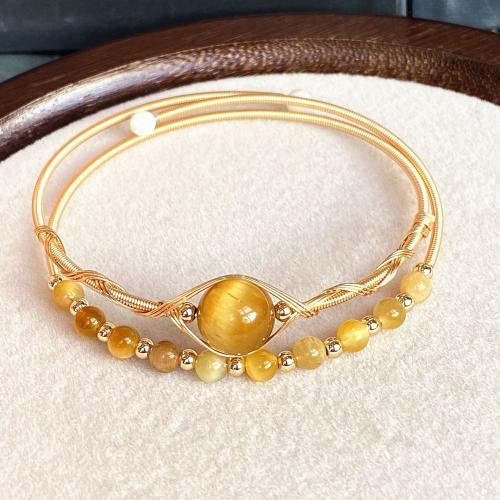 Natural Tiger Eye Bracelets, Brass, with Tiger Eye, 14K gold-filled, Double Layer & fashion jewelry & for woman, Inner diameter :55mm, Sold By PC