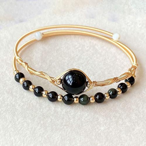 Gemstone Bracelets, Brass, with Obsidian, 14K gold-filled, Double Layer & fashion jewelry & for woman, Inner diameter :55mm, Sold By PC