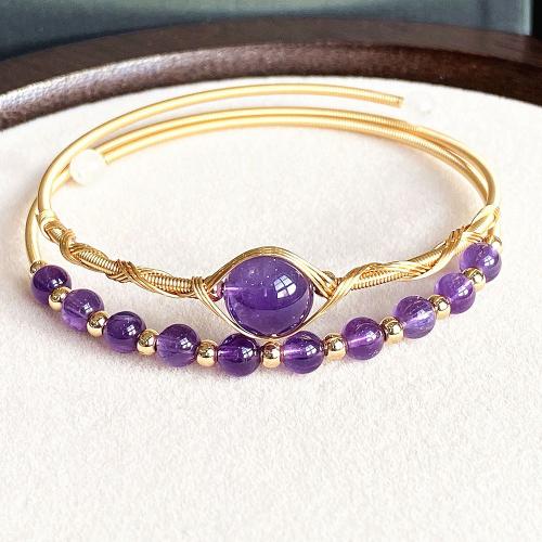 Quartz Bracelets, Brass, with Amethyst, 14K gold-filled, Double Layer & fashion jewelry & for woman, Inner diameter :55mm, Sold By PC
