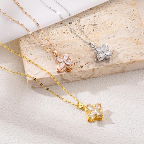 Titanium Steel Necklace, with Brass, Four Leaf Clover, plated, fashion jewelry & micro pave cubic zirconia & for woman, more colors for choice, Sold By PC