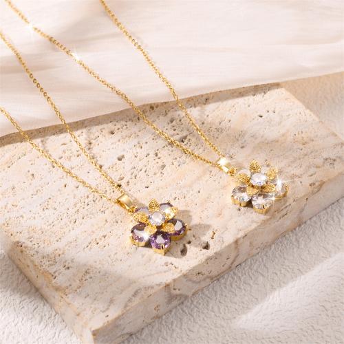Titanium Steel Necklace, with Brass, Flower, plated, fashion jewelry & micro pave cubic zirconia & for woman, more colors for choice, Sold By PC