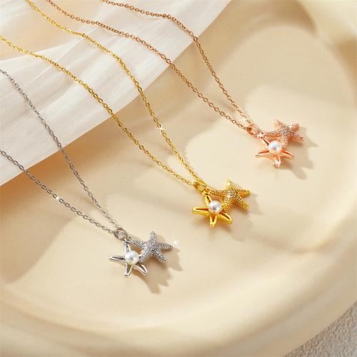 Titanium Steel Necklace, with Plastic Pearl & Brass, Starfish, plated, fashion jewelry & micro pave cubic zirconia & for woman, more colors for choice, Sold By PC